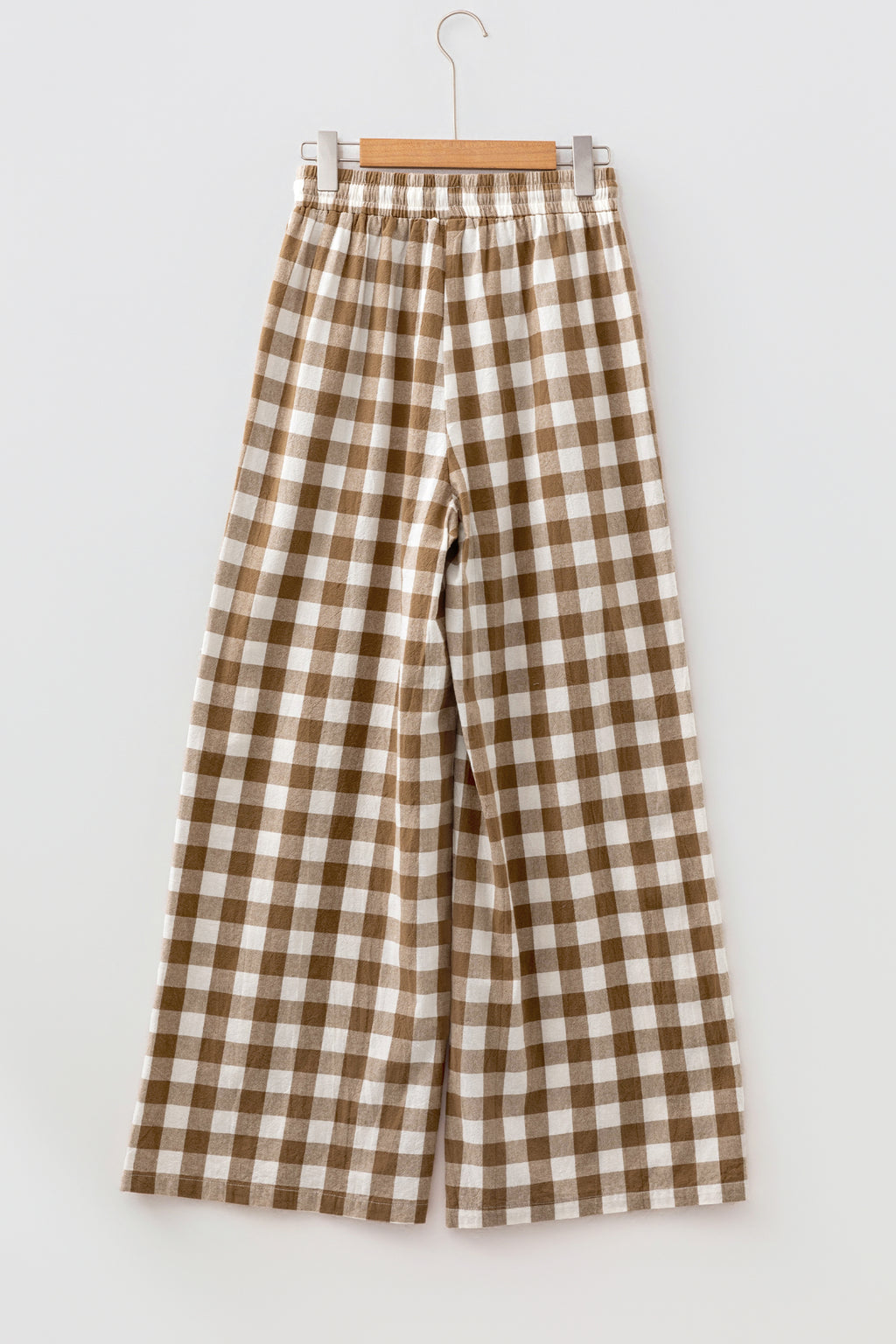 Brown gingham plaid tie elastic waist shift pants, stylish bottoms by Dear-Lover with a relaxed fit and casual design.