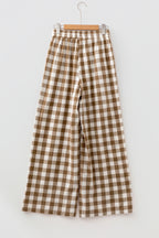 Brown gingham plaid tie elastic waist shift pants, stylish bottoms by Dear-Lover with a relaxed fit and casual design.