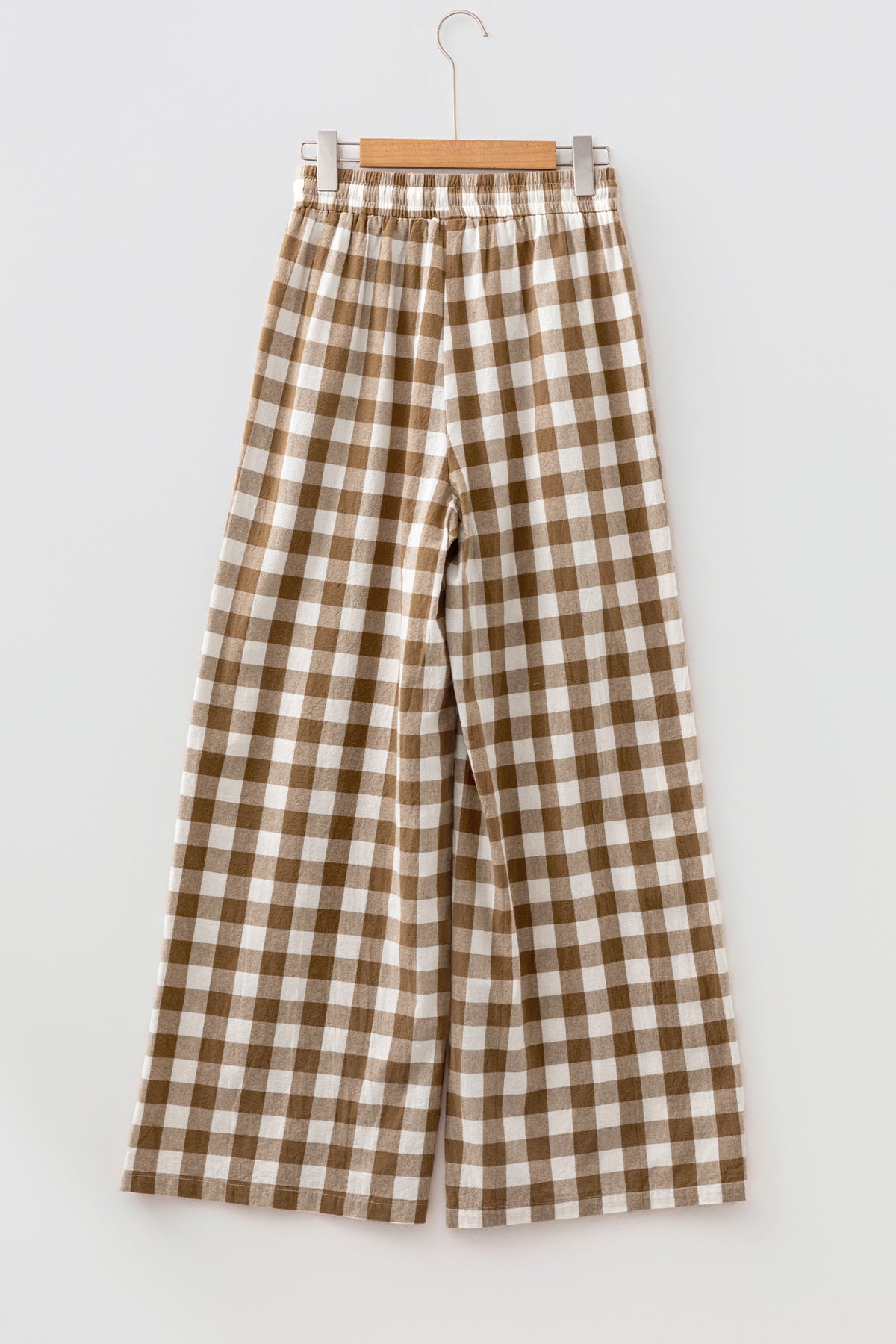 Brown gingham plaid tie elastic waist shift pants, stylish bottoms by Dear-Lover with a relaxed fit and casual design.