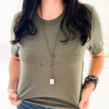 Women’s military green Longhorn Boot Stitch graphic T-shirt by Envy Stylz Wholesale, casual unisex design with bold print.