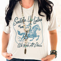 Silver We Ride At Dawn graphic T-shirt for women by Envy Stylz Wholesale, casual unisex Bella+Canvas tee with bold print.
