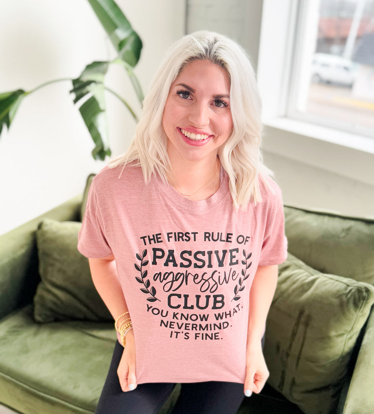 Mauve women's passive aggressive club graphic T-shirt by Envy Stylz Wholesale, casual unisex apparel with bold design.