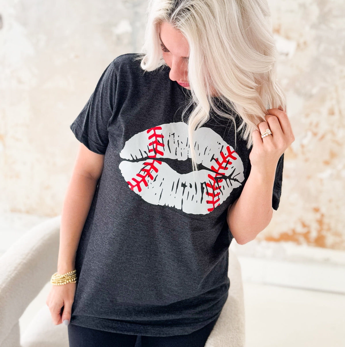 Women’s Heather Graphite Baseball Lips Graphic T-Shirt by Envy Stylz Wholesale, casual unisex short-sleeve tee with bold graphic print