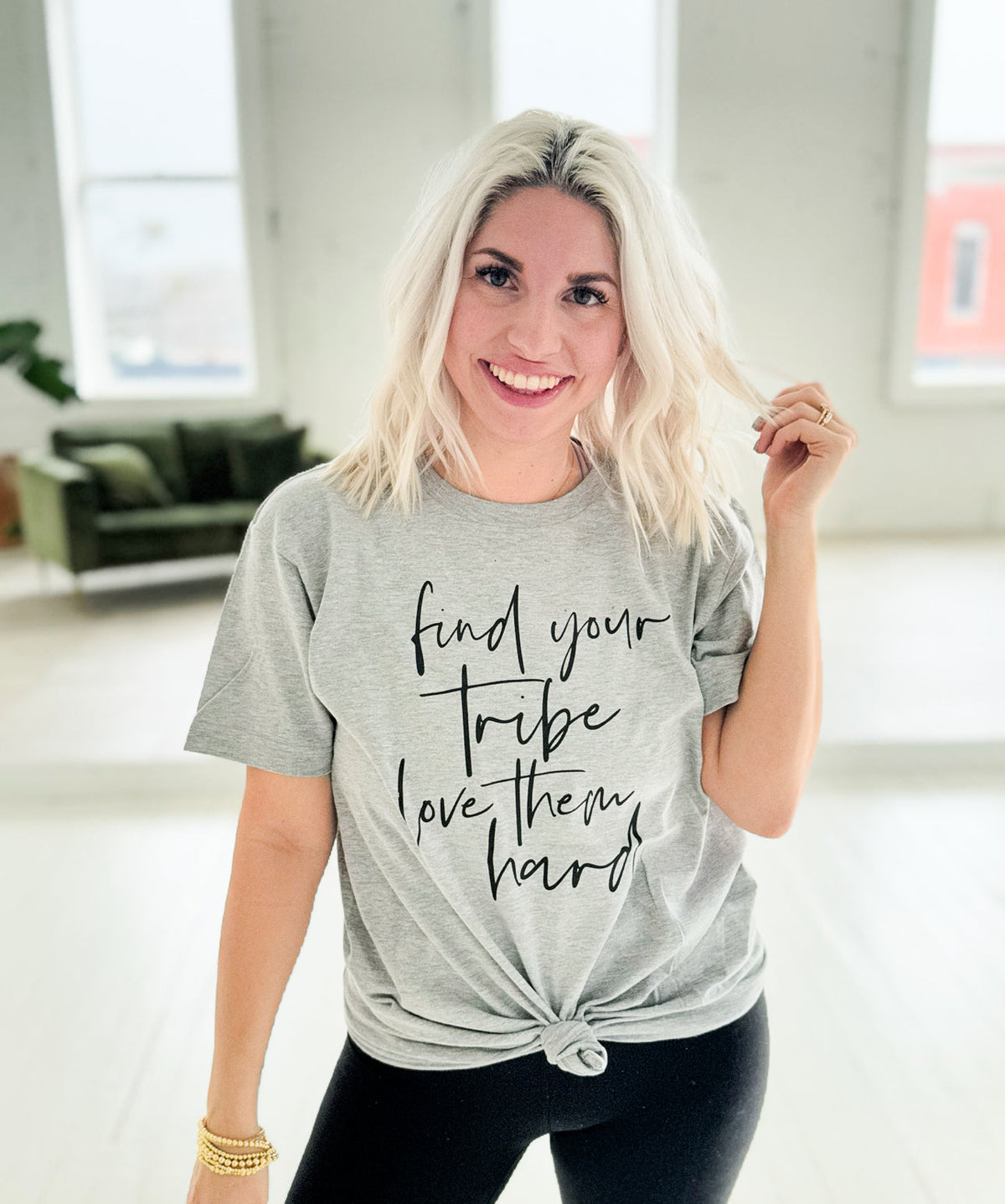 Heather grey Find Your Tribe Love Them Hard graphic T-shirt for women by Envy Stylz Wholesale, casual unisex apparel shirt.