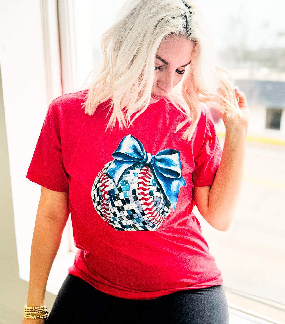 Heather red Disco Baseball graphic T-shirt for women by Envy Stylz Wholesale, casual apparel with vibrant retro design.