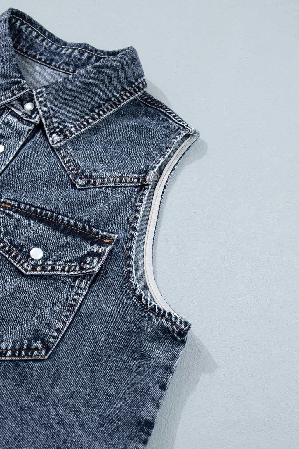 Ashleigh Blue Solid Denim Button Front Pocket Sleeveless Cowboy Vest