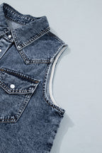 Ashleigh Blue Solid Denim Button Front Pocket Sleeveless Cowboy Vest