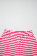Pink Stripe Drop Shoulder Round Neck Top and Buttoned Straight Pants Two Piece Set