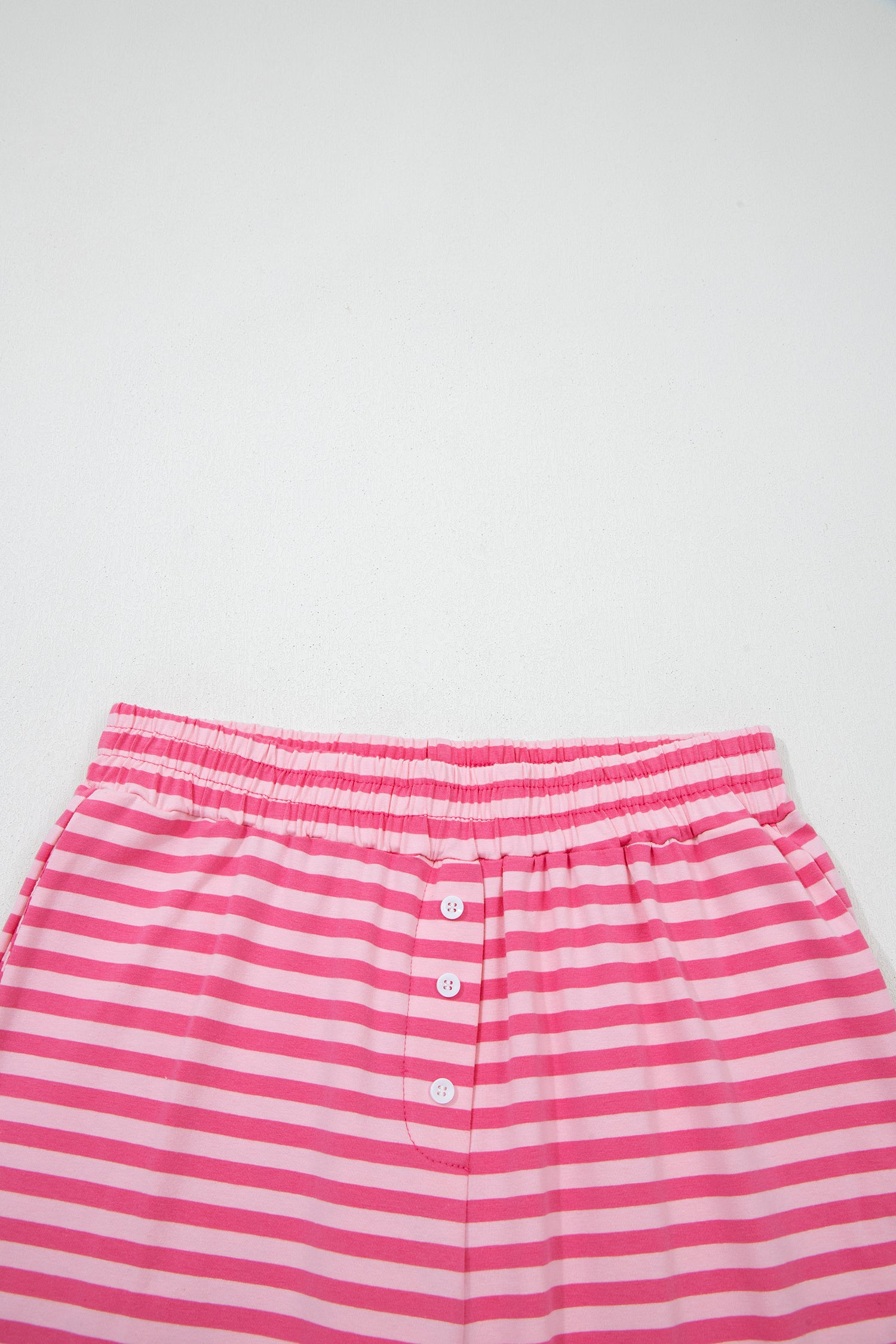 Pink Stripe Drop Shoulder Round Neck Top and Buttoned Straight Pants Two Piece Set