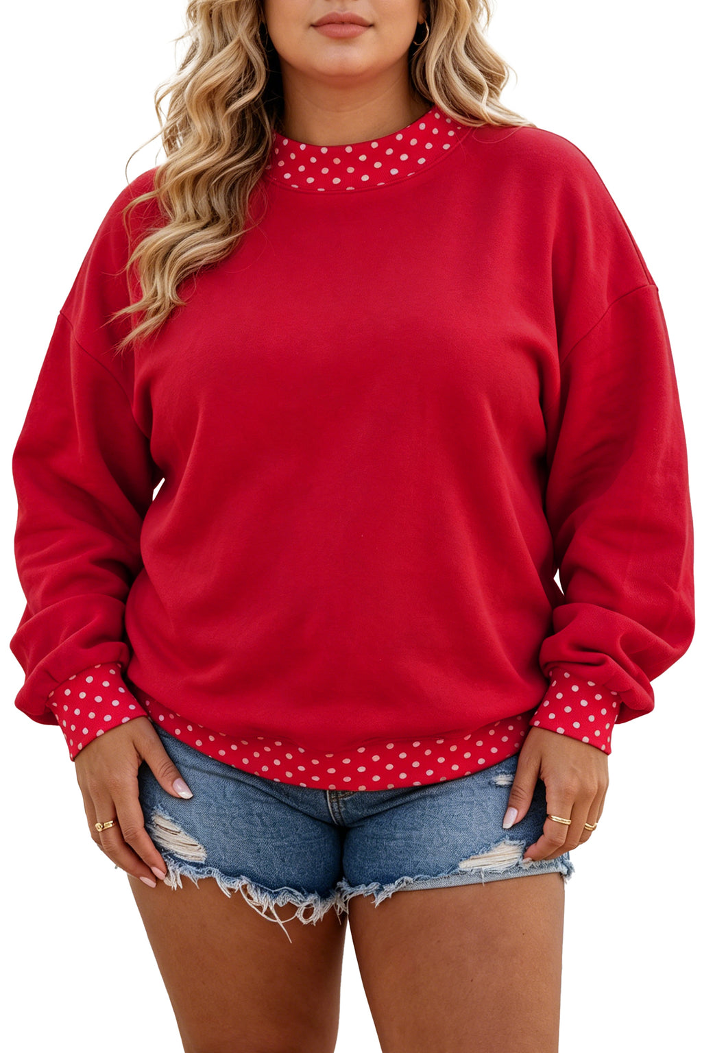 Polka Dot Patchwork Round Neck Plus Size Sweatshirt