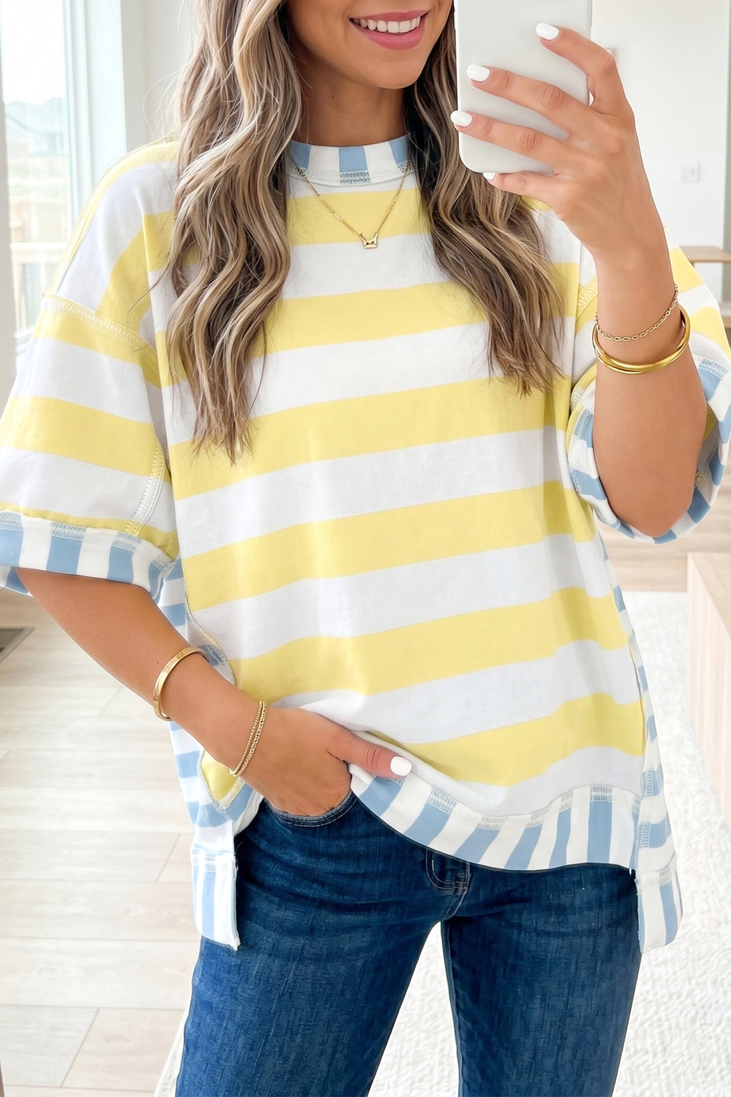 Stripe Exposed Seam Contrast Patchwork Oversized Top