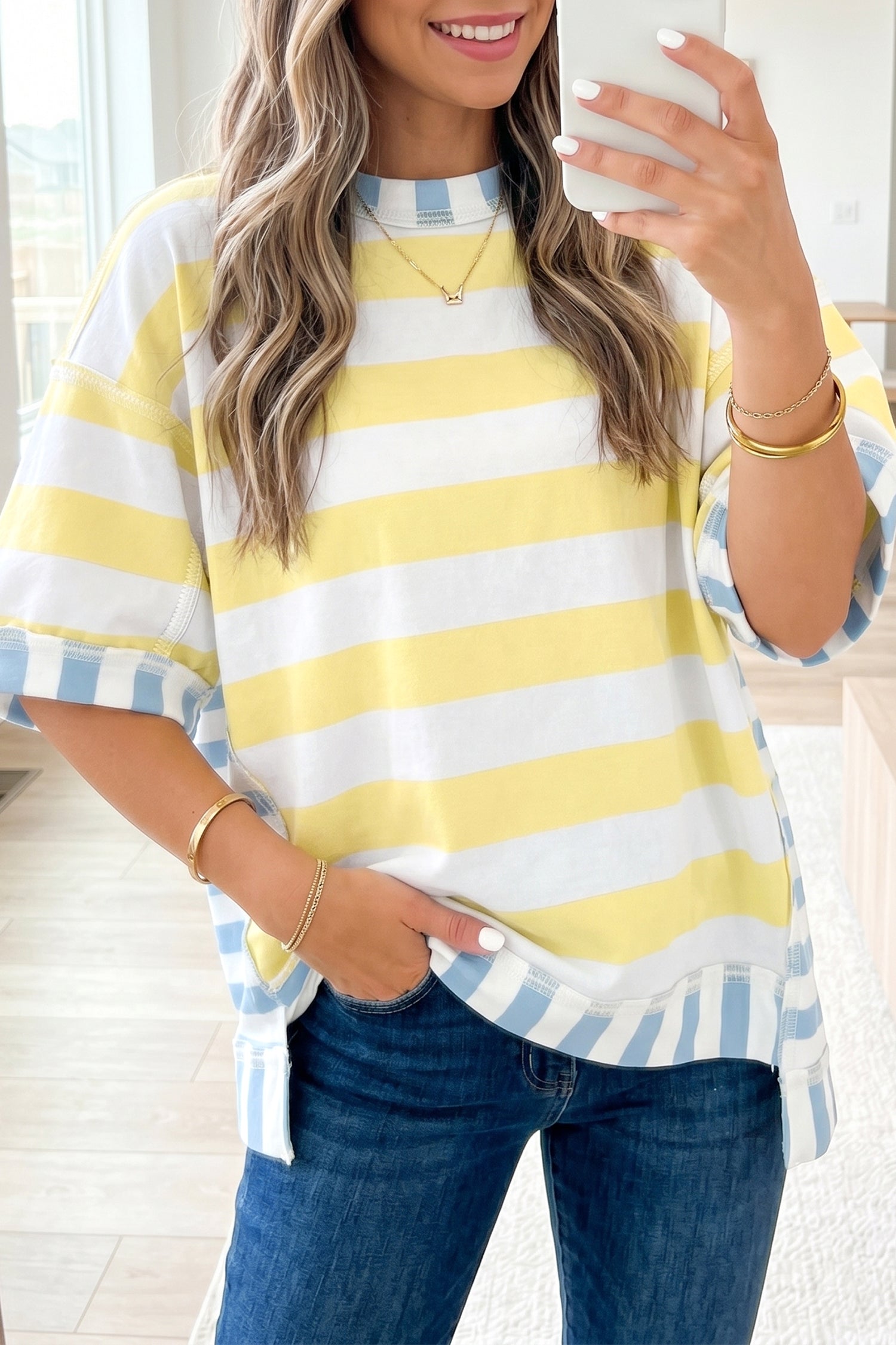 Stripe Exposed Seam Contrast Patchwork Oversized Top