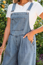 Dusk Blue Pleated Wide Leg Retro Pocketed Denim Jumpsuit