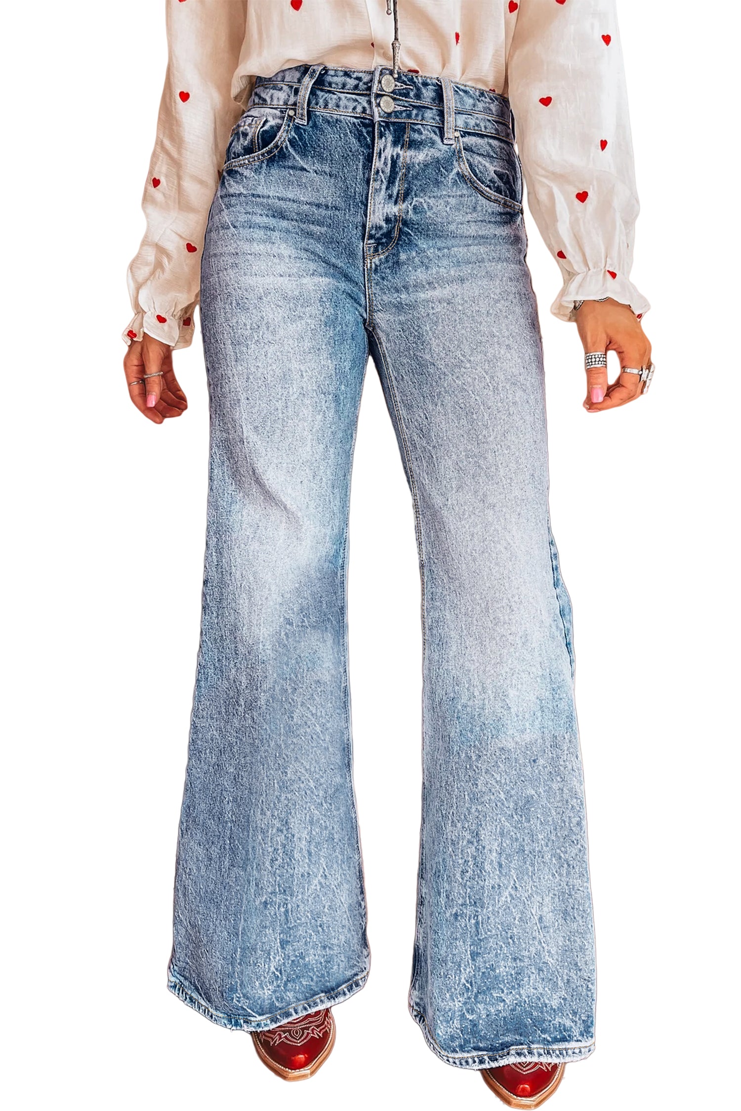 Beau Blue Acid Wash Pocket Detail Flare Jeans