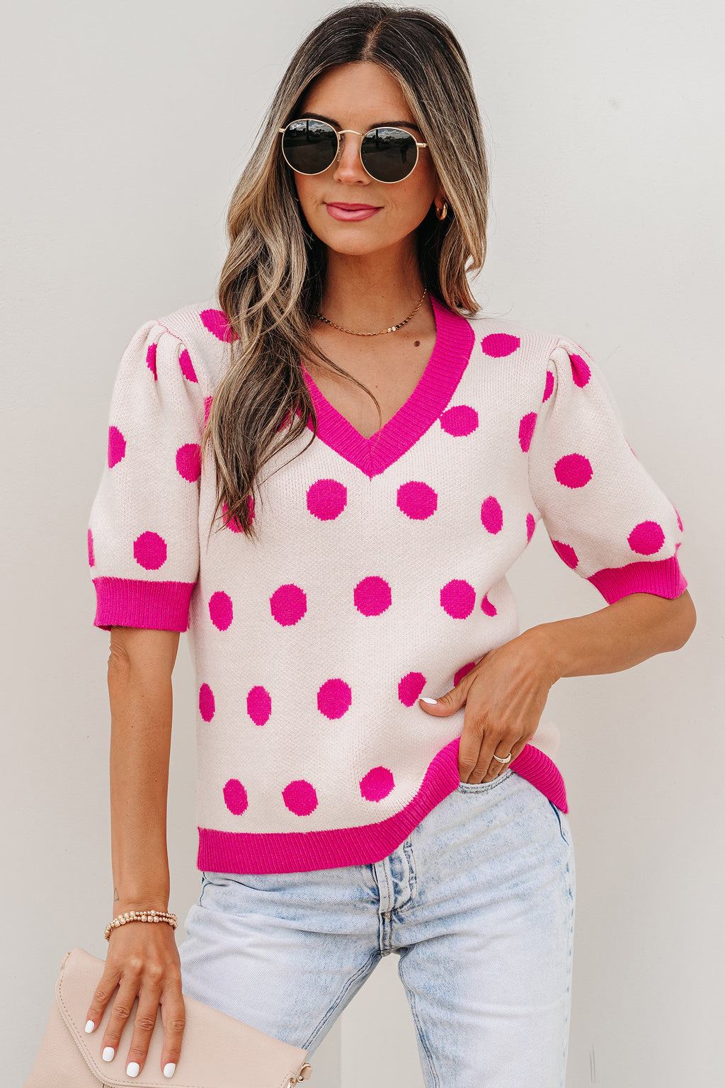 Rose Red Polka Dot Puff Short Sleeve Sweater Top