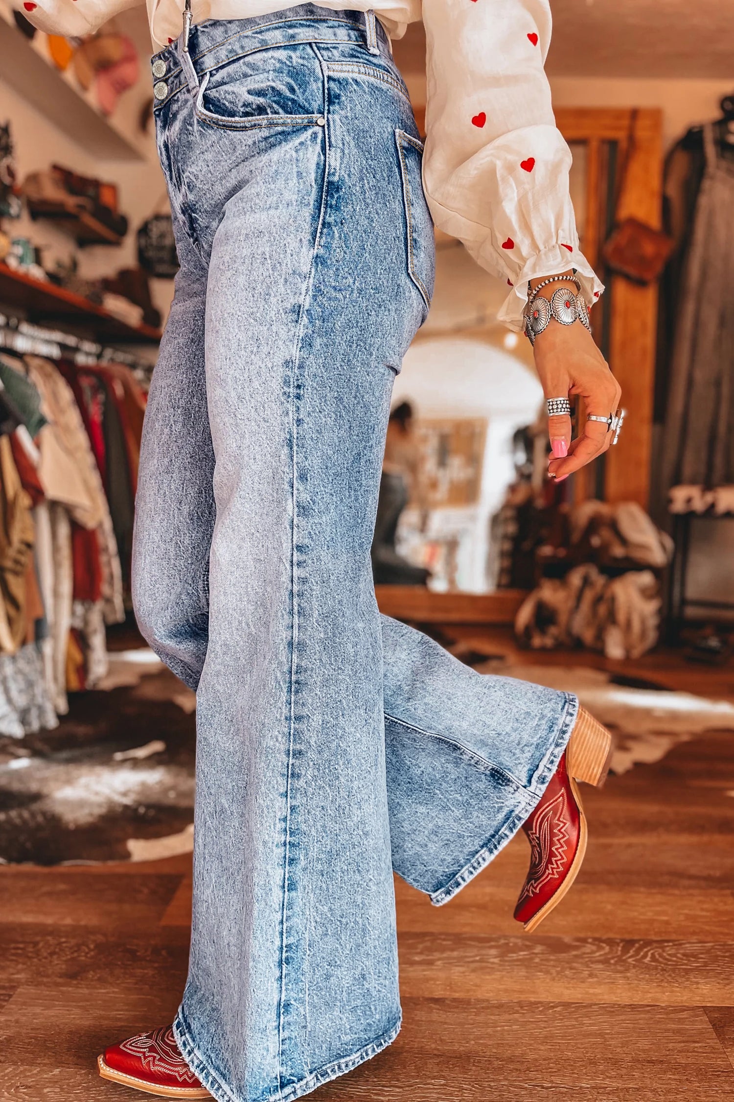 Beau Blue Acid Wash Pocket Detail Flare Jeans