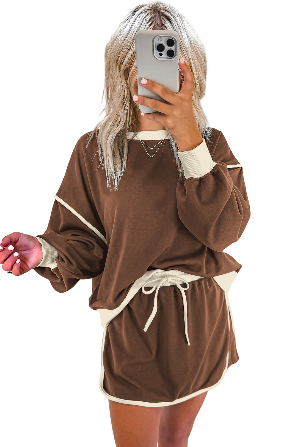 Rose Red Color Contrast Loose Pullover and Lace-up Waist Skort Set