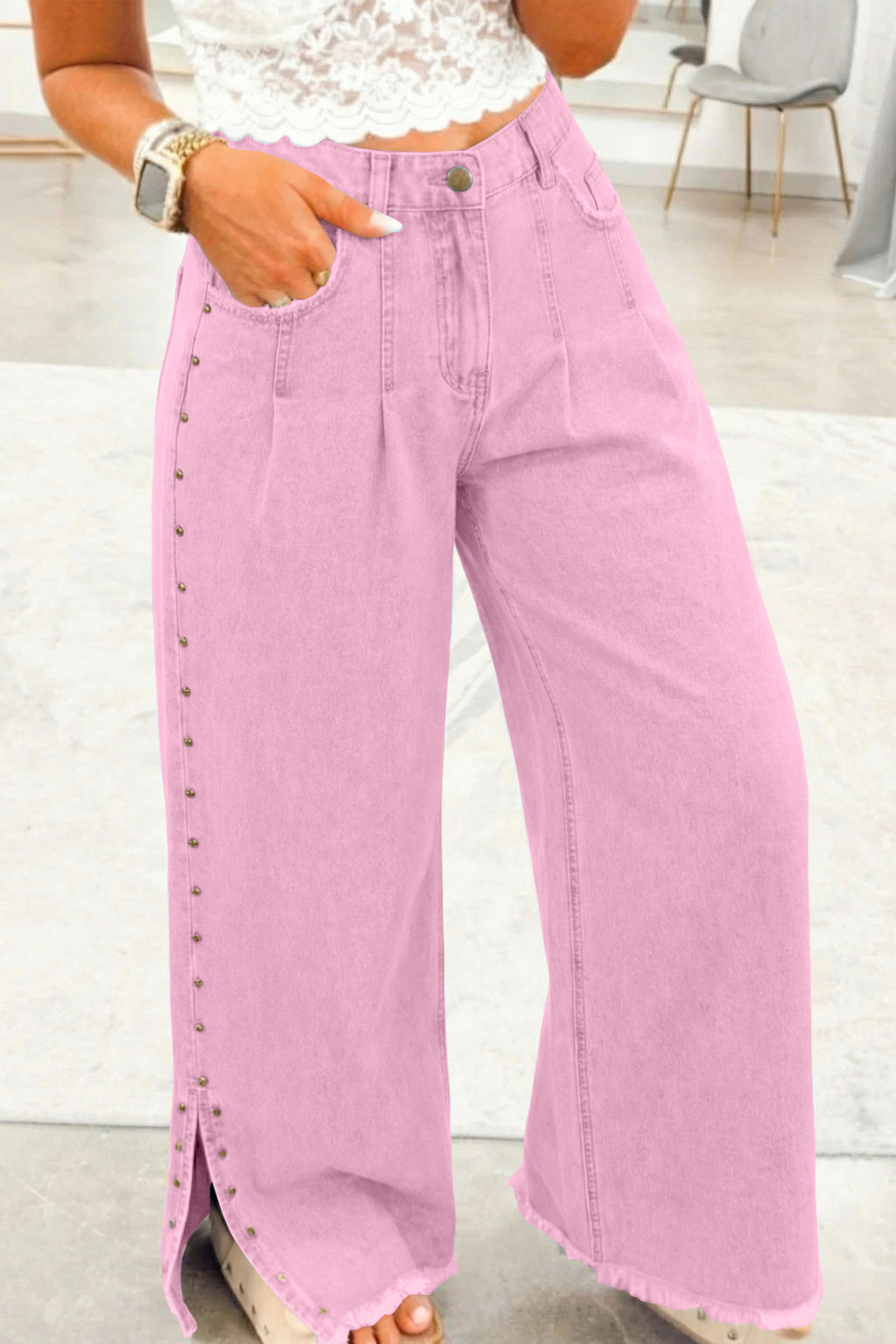 Beaded Side Detail Split Loose Jeans