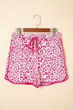 Pink Leopard Elastic Waist Lace up Contrast Trim Casual Shorts