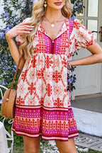 Rose Boho Floral Short Sleeve Lace-up V Neck Mini Dress