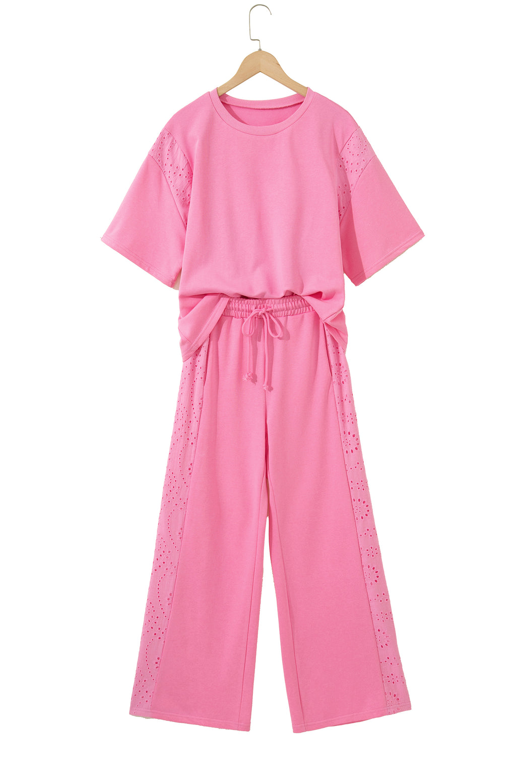 Lace Patchwork Half Sleeve Top Elastic Waist Pants Two Piece Set