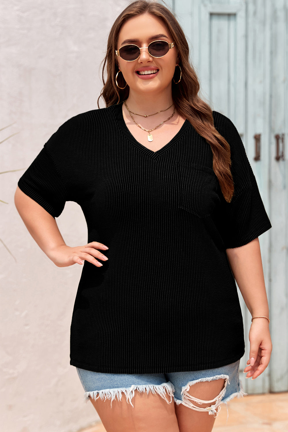 White Textured V-Neck Dropped Shoulder Plus T-Shirt