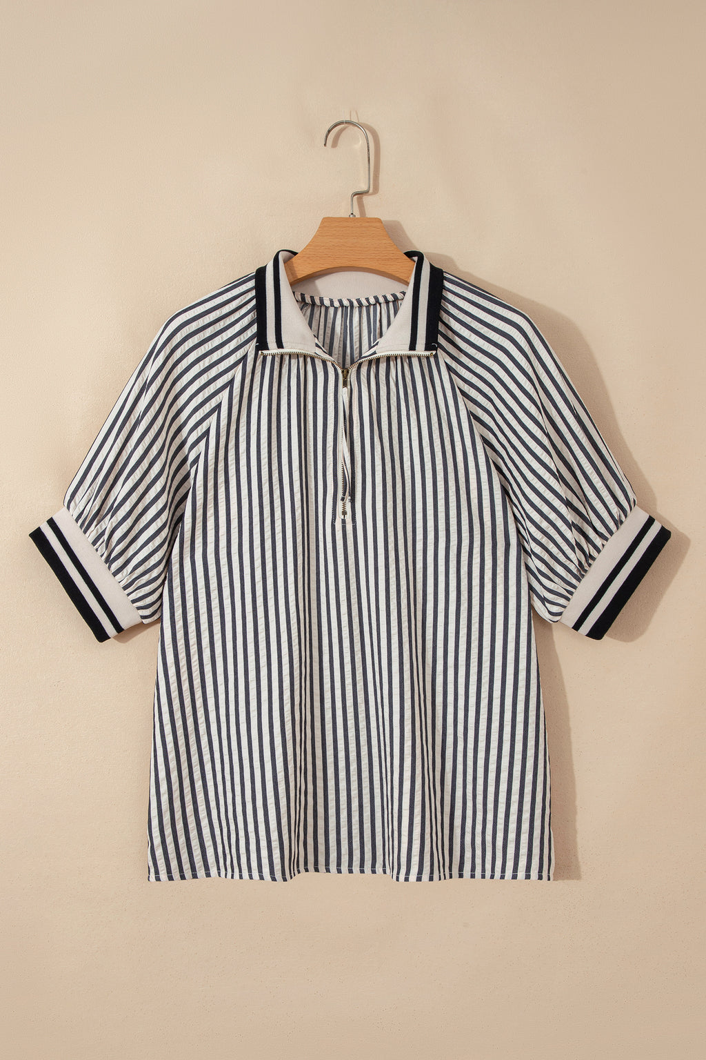 Black Stripe Polo Collar Half Zip Short Puff Sleeve Blouse