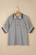 Black Stripe Polo Collar Half Zip Short Puff Sleeve Blouse