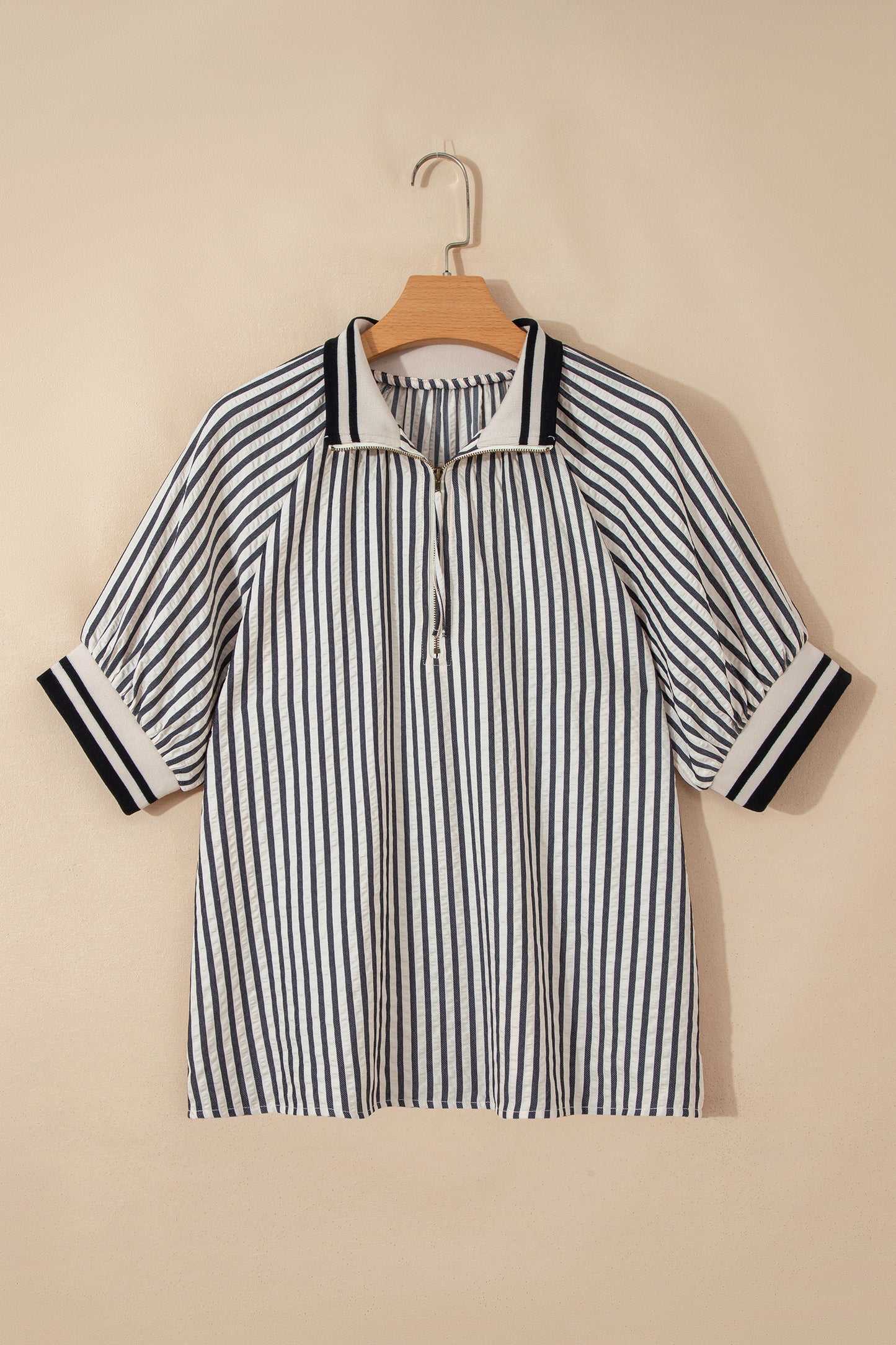 Black Stripe Polo Collar Half Zip Short Puff Sleeve Blouse
