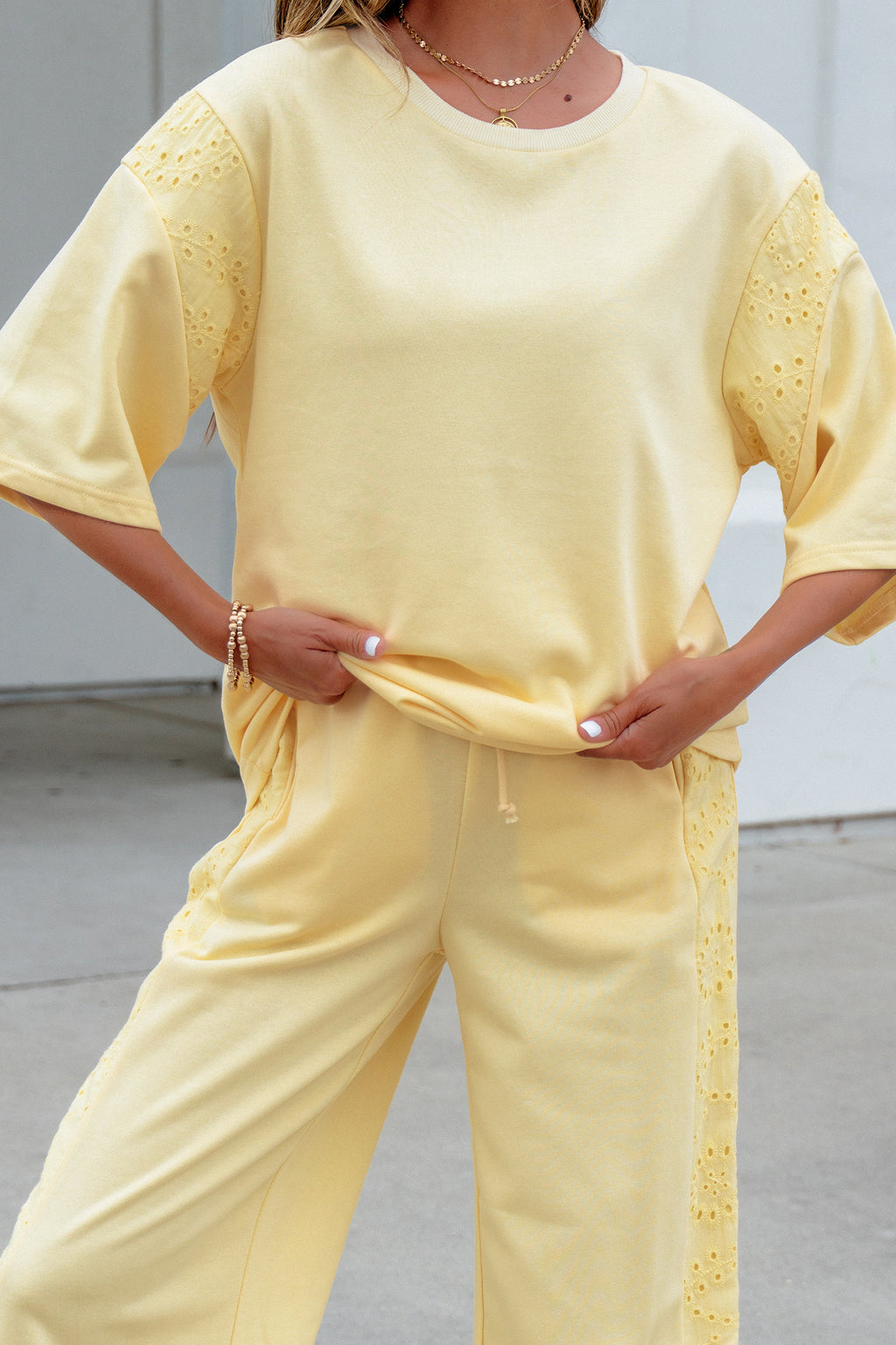 Lace Patchwork Half Sleeve Top Elastic Waist Pants Two Piece Set