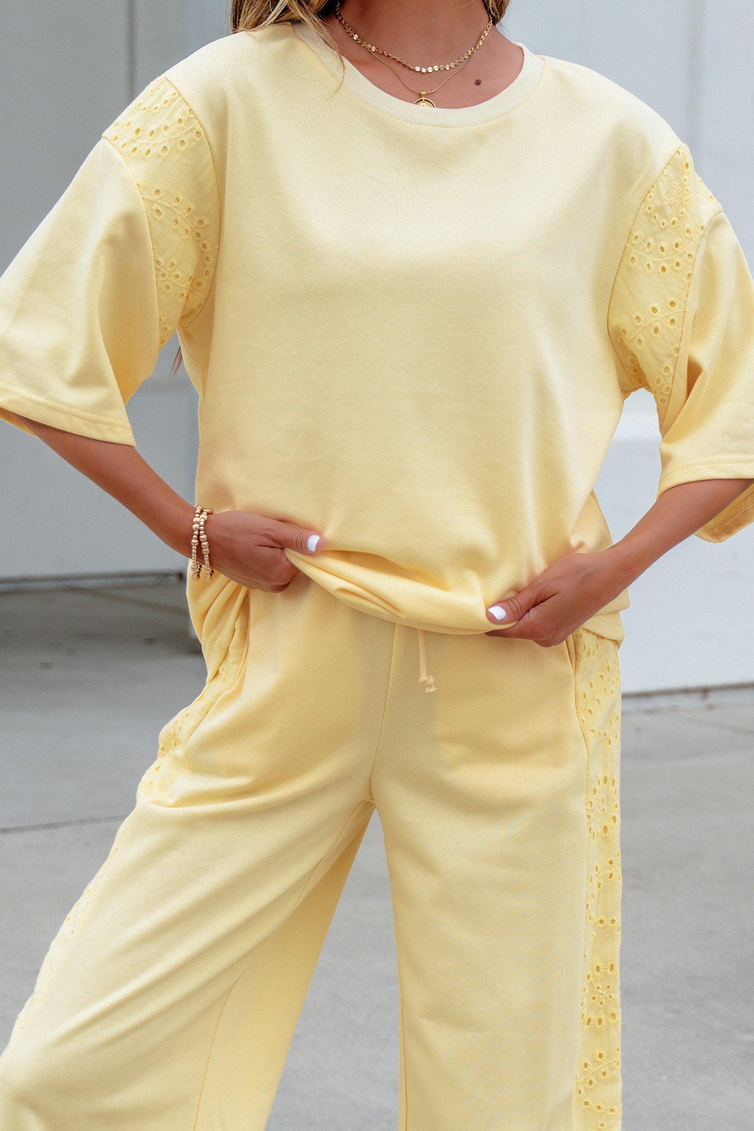 Lace Patchwork Half Sleeve Top Elastic Waist Pants Two Piece Set