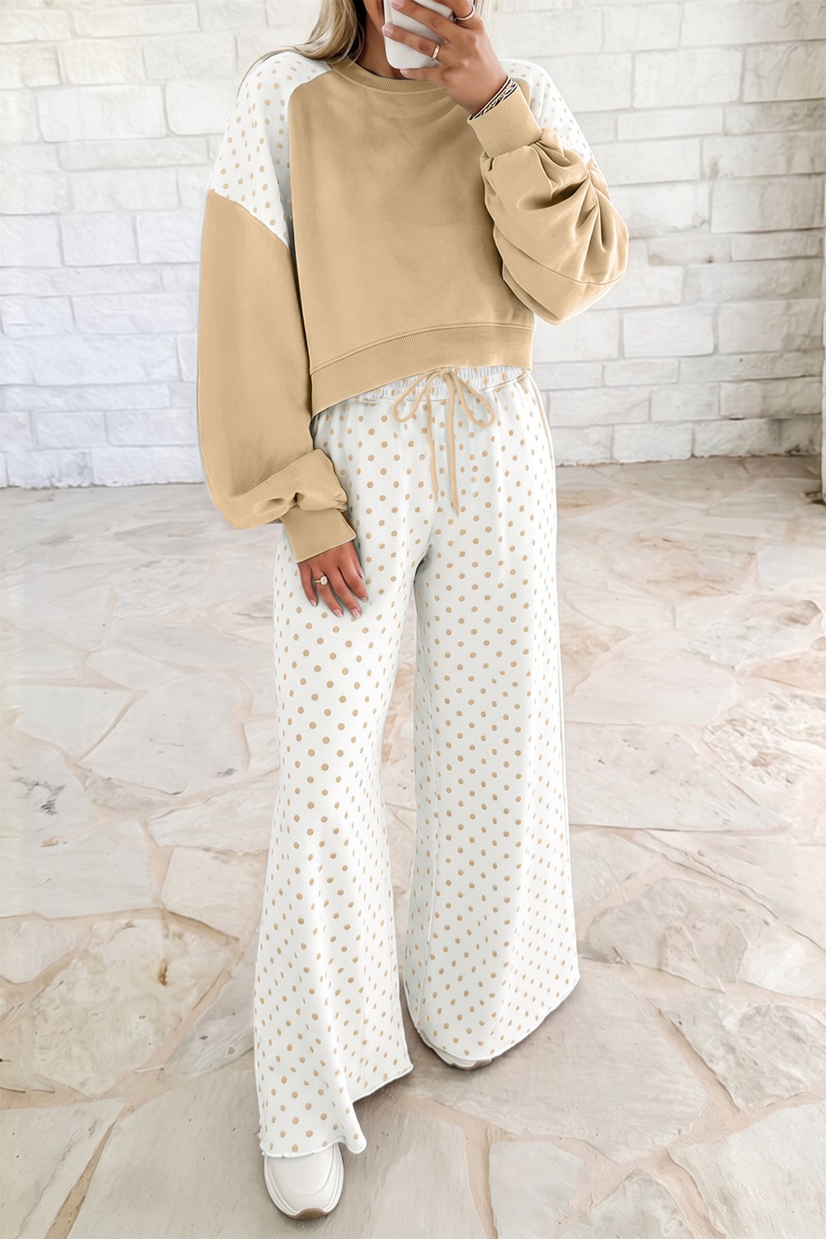 Polka dot and colorblock patchwork long sleeve two-piece pants set by Dear-Lover featuring casual style and vibrant design.
