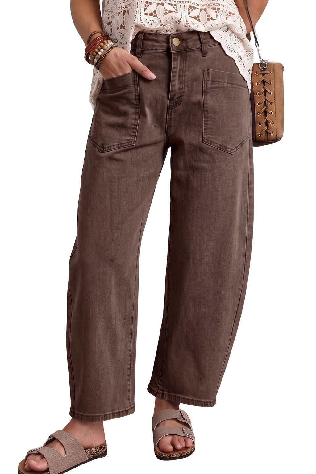 Square patch pocket ankle-length barrel jeans from Dear-Lover, showcasing classic denim with patch pockets and a relaxed fit.