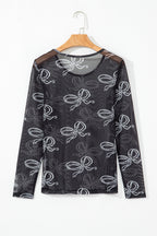 Black Round Neck Bow Print Long Sleeve Mesh Top