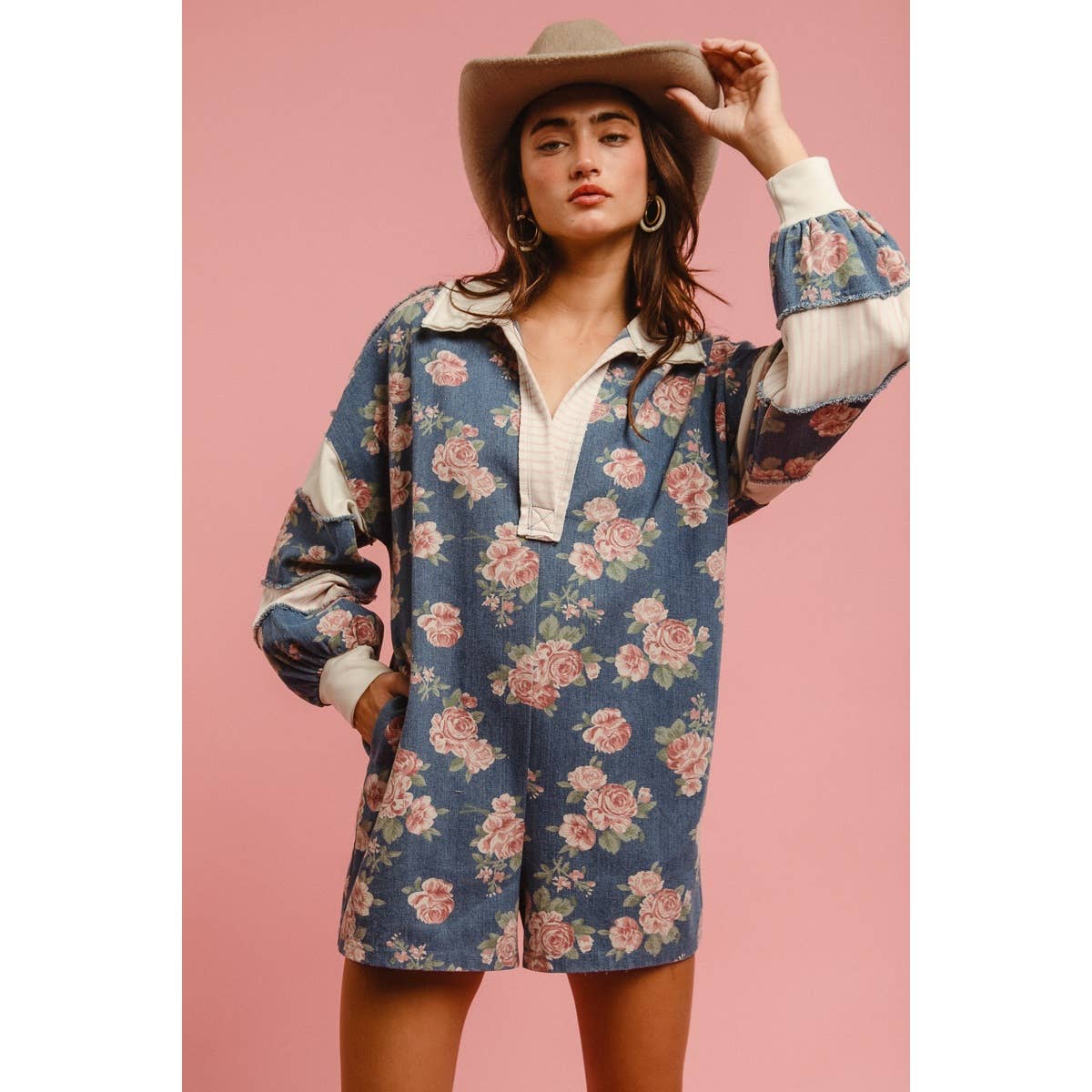 WASHED FLORAL DENIM ROMPER WITH CONTRAST COLLAR