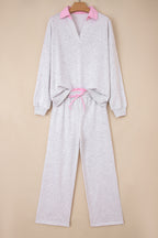 Contrasted Trim Frilled Collar Drop Shoulder Pullover Drawstring Pant Set