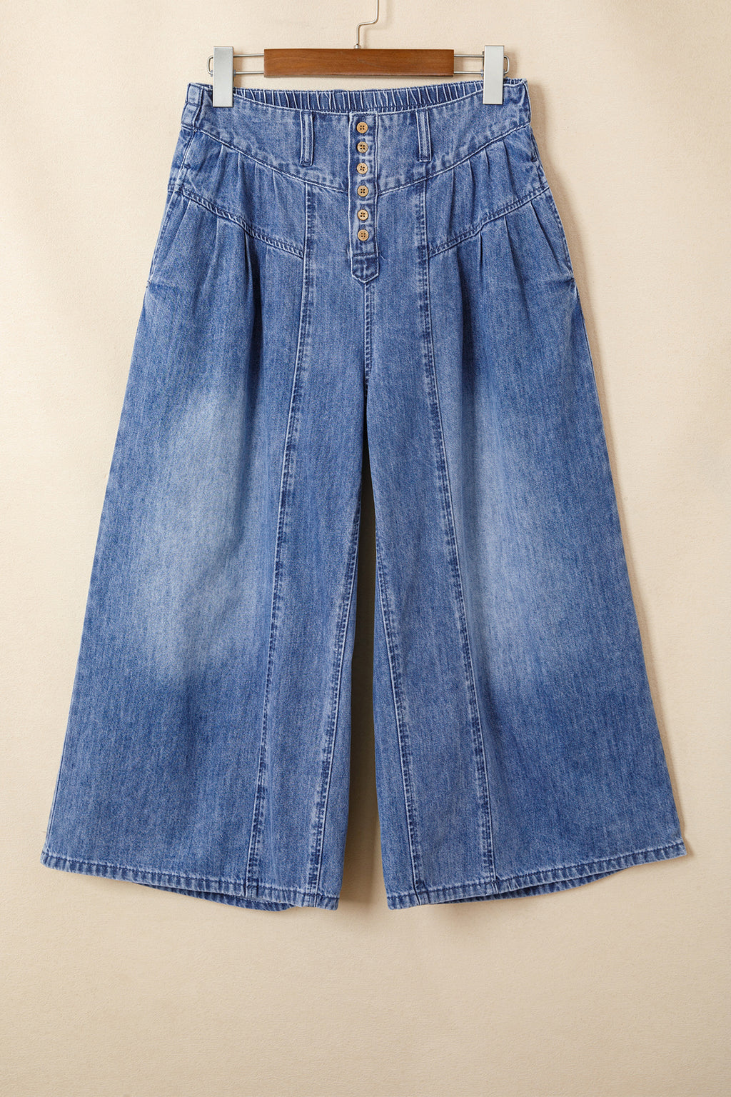 Dusk Blue High Rise Buttons Pleated Cropped Wide Leg Denim Pants