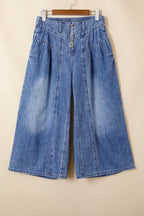 Dusk Blue High Rise Buttons Pleated Cropped Wide Leg Denim Pants