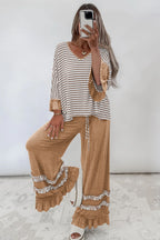 Gray Stripe V Neck Ruffle Contrast Sleeve Top Drawstring Pants 2pcs Set