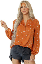 Brown Polka Dot Half Button V Neck Long Sleeve Blouse