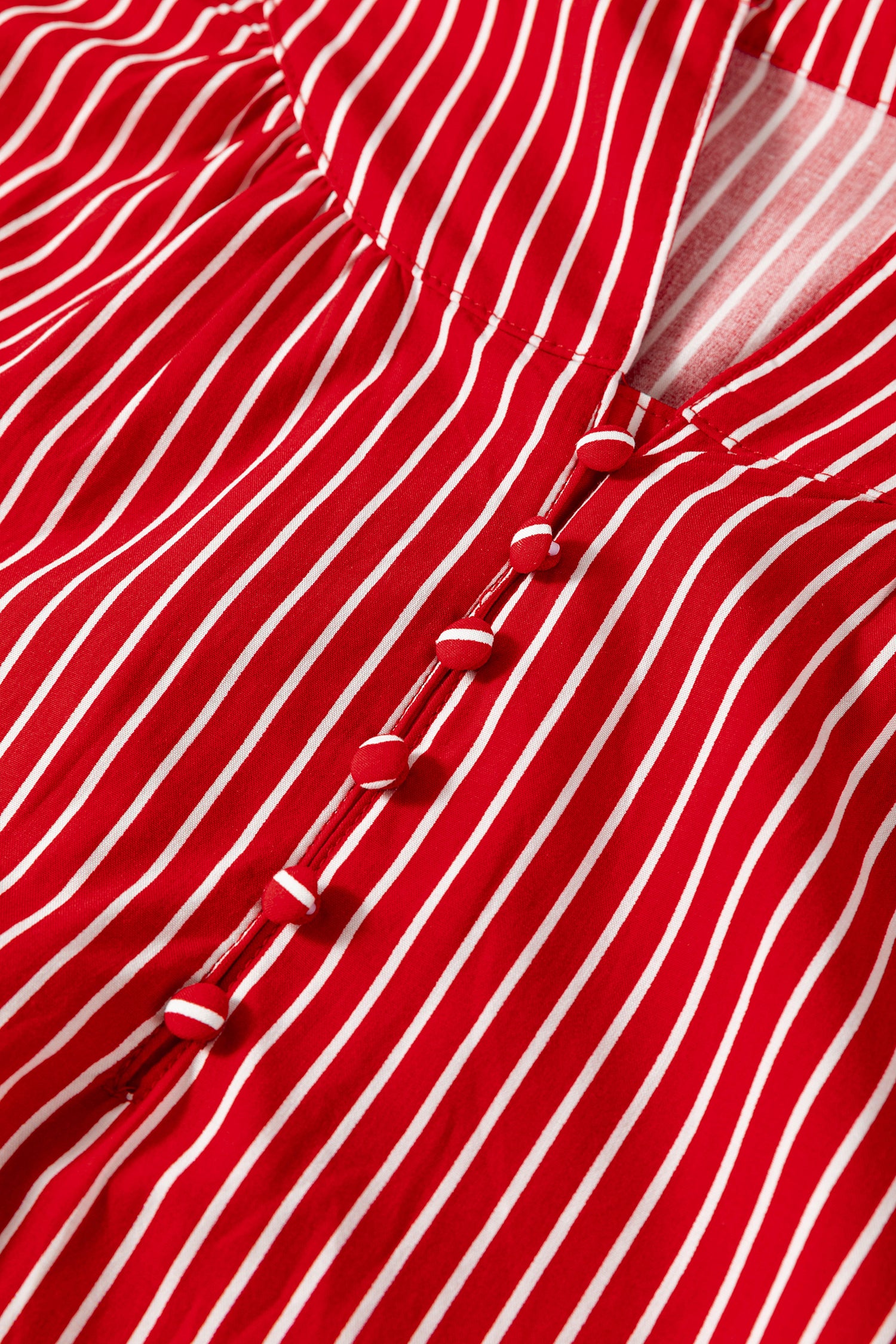 Stripe Ruffled Short Puff Sleeve Button Front Blouse