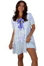 Sky Blue Floral Contrast Bow Puff Sleeve Mini Dress
