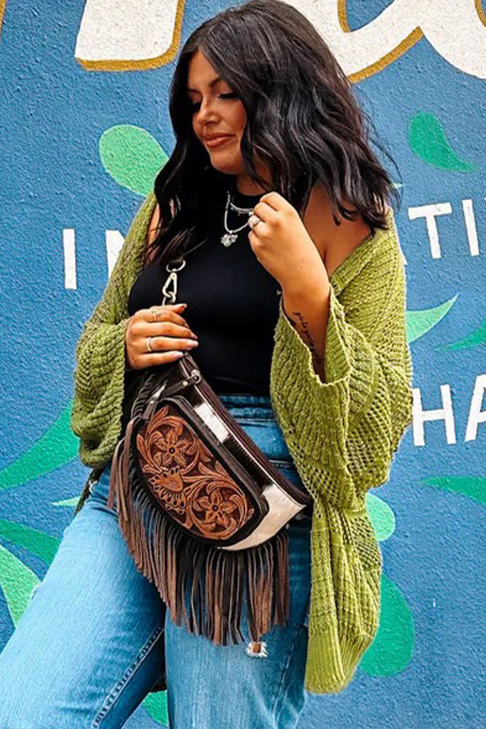 Spinach Green Oversize Crochet Knit Open Cardigan
