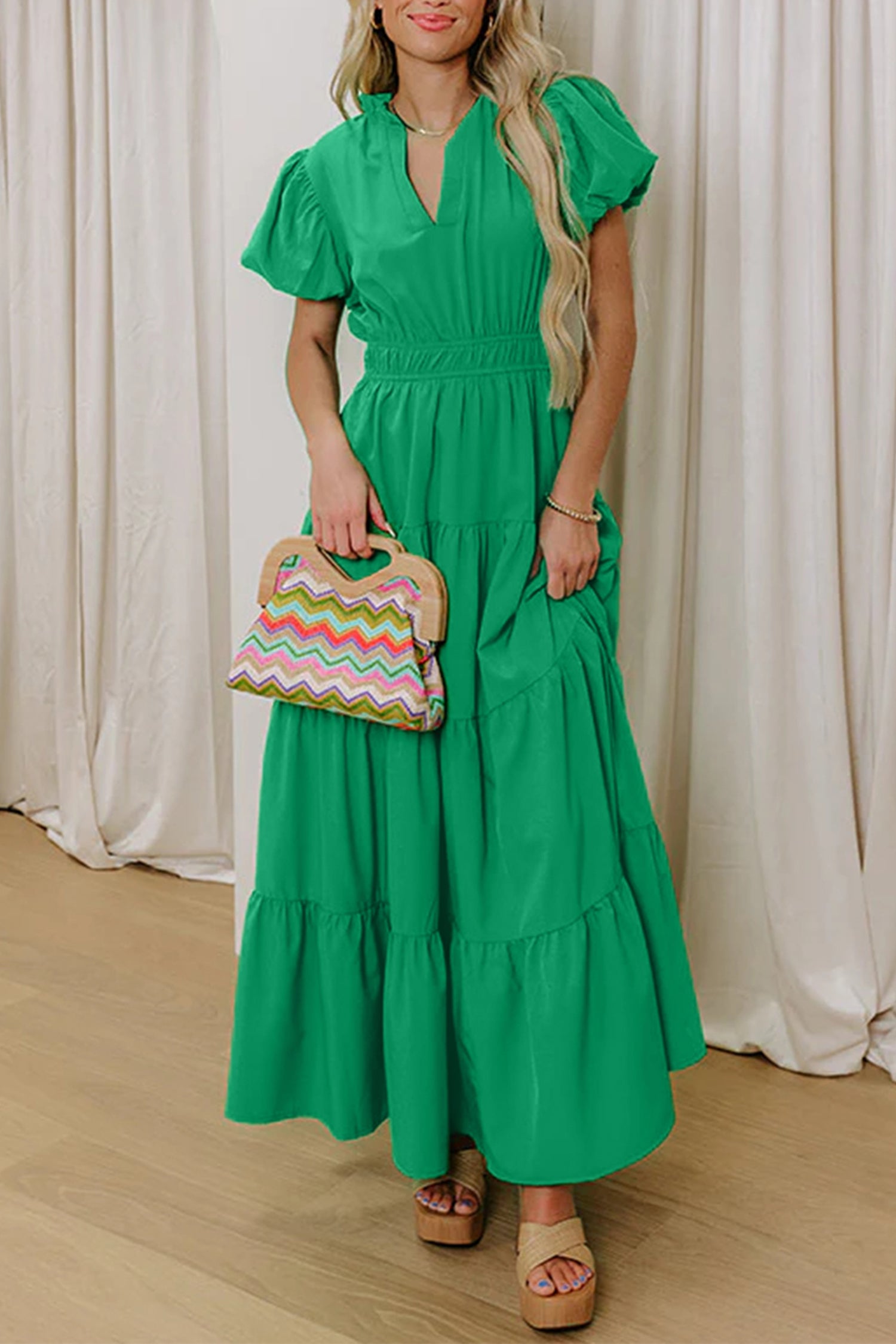Solid Color V Neck Short Puff Sleeve High Waist Tiered Maxi Dress