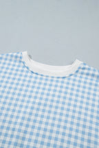 Sky Blue Plaid Baggy Pullover Drawstring Casual Shorts 2pcs Outfit