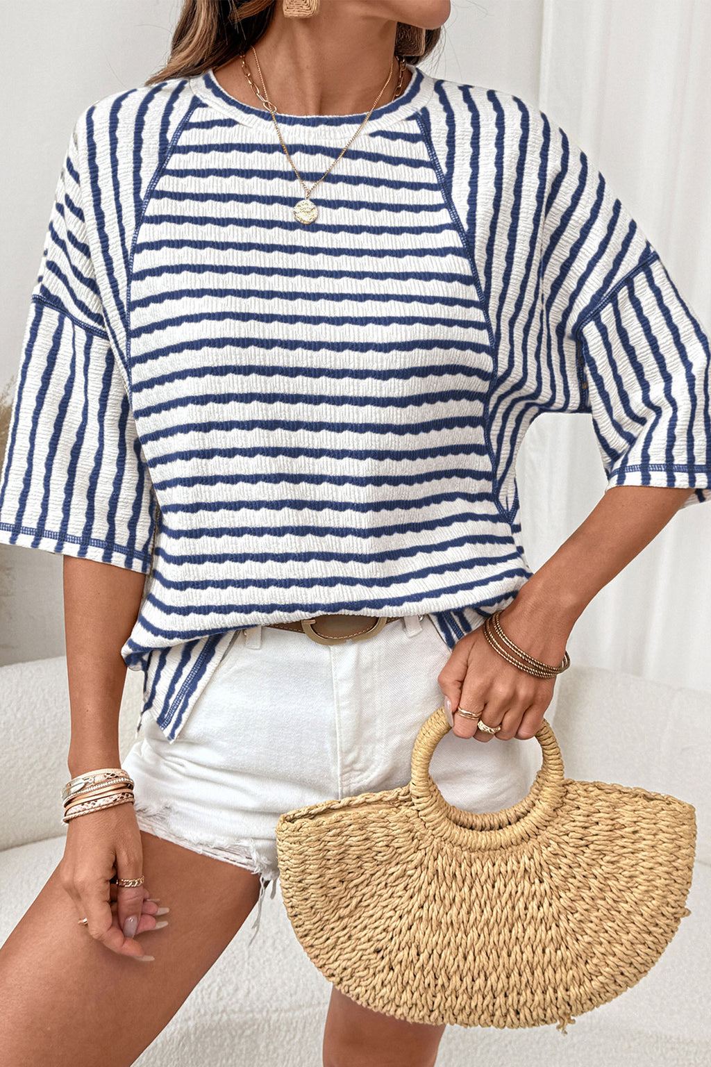 Pink Stripe Textured Knit Split Hem Half Sleeve Loose Top