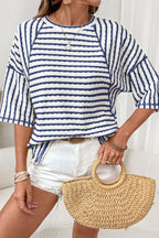 Pink Stripe Textured Knit Split Hem Half Sleeve Loose Top