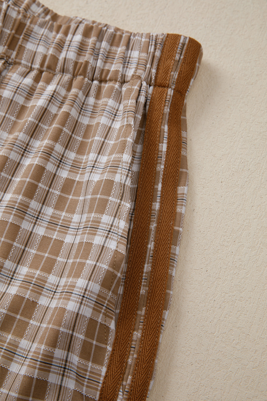 Chestnut Plaid Print Elastic Waist Bow Tie Contrast Detail Jogger Pants