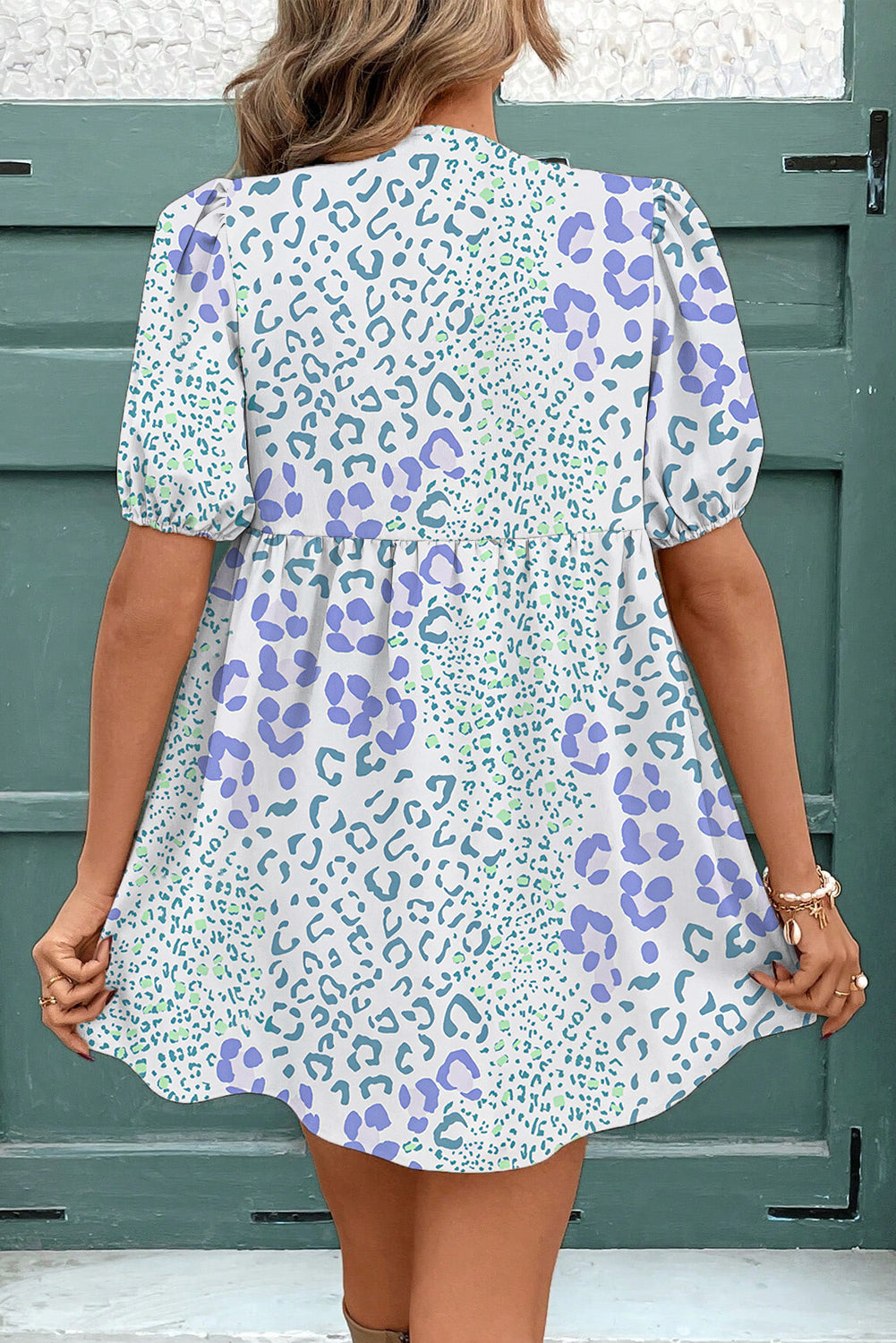 Sky Blue Floral Contrast Bow Puff Sleeve Mini Dress
