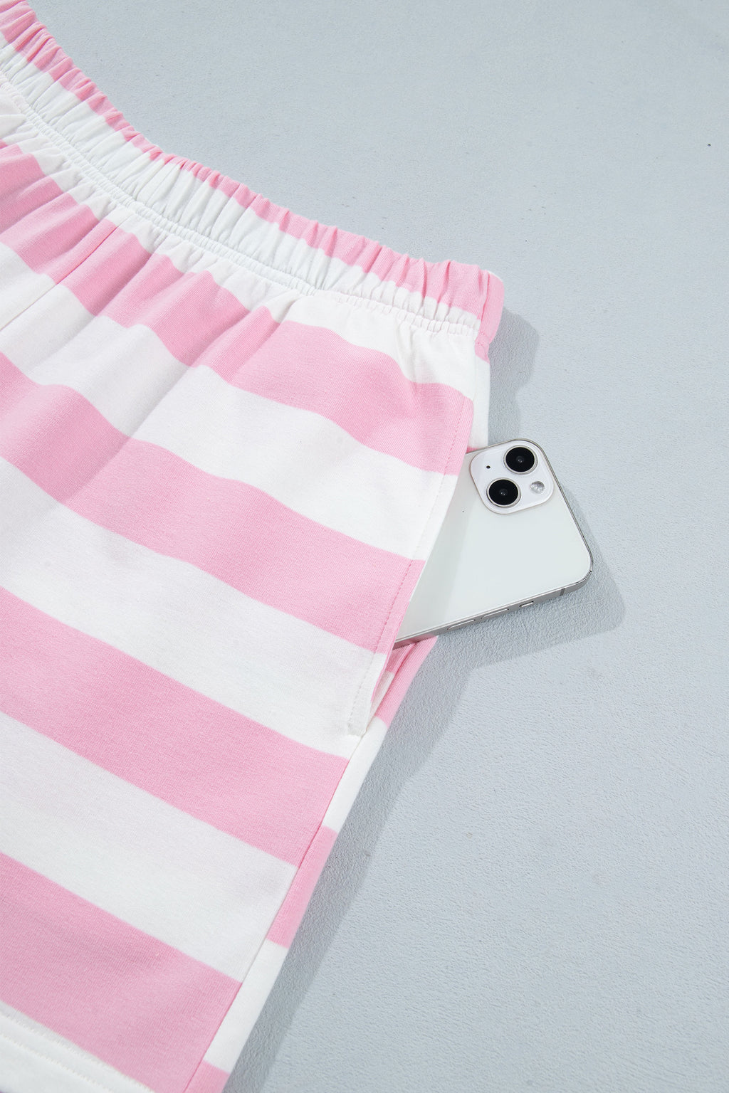 Pink Stripe Patchwork Zipper Pullover Elastic Waist Shorts 2pcs Set
